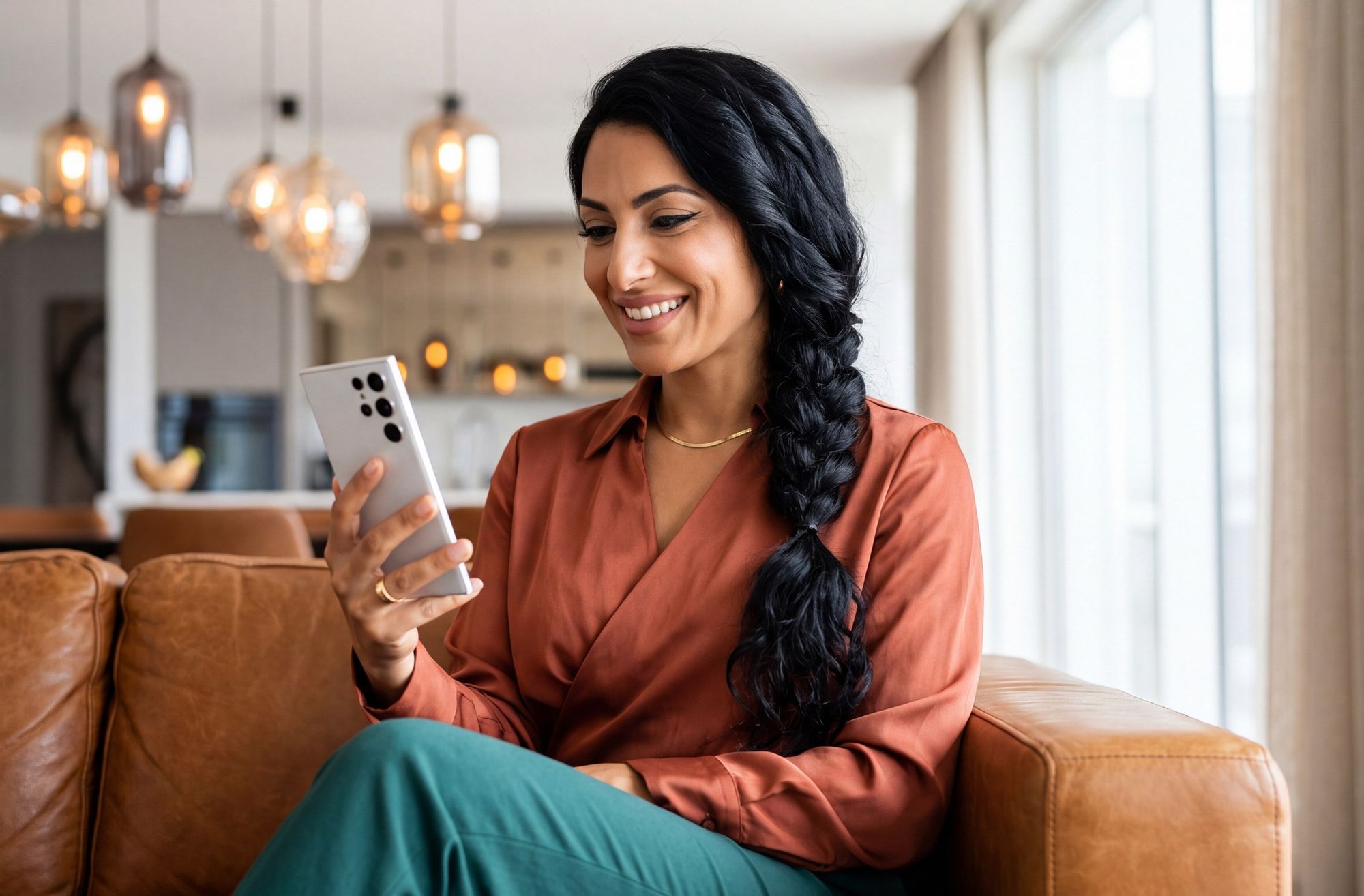 Clienta de Qori Home cambiando dólares desde su celular, en casa